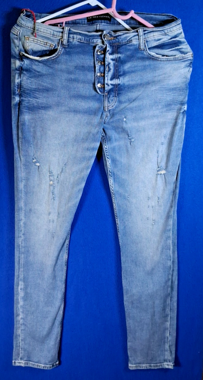 Art Meets Chaos Donwan Harrell Mens Distressed Skinny Jeans Blue Button Fly 38
